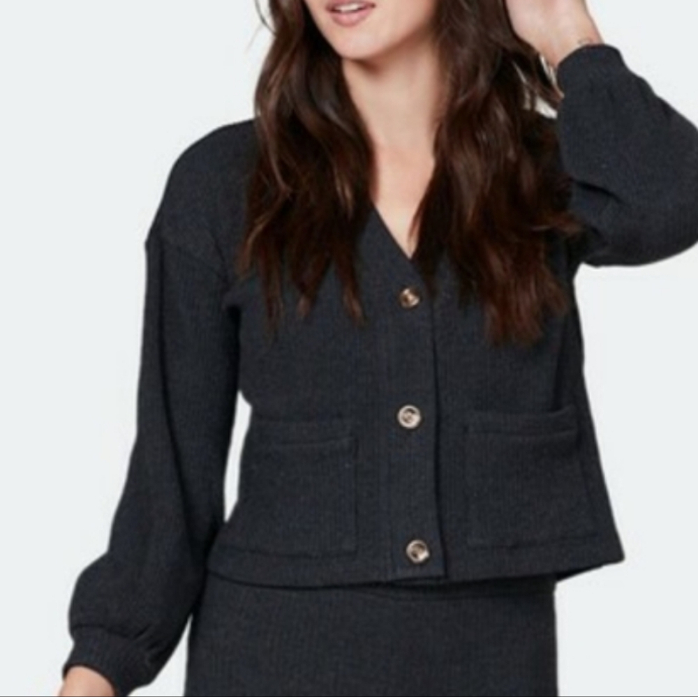 LETT Lisse cardigan charcoal knit patch pockets extra small XS new